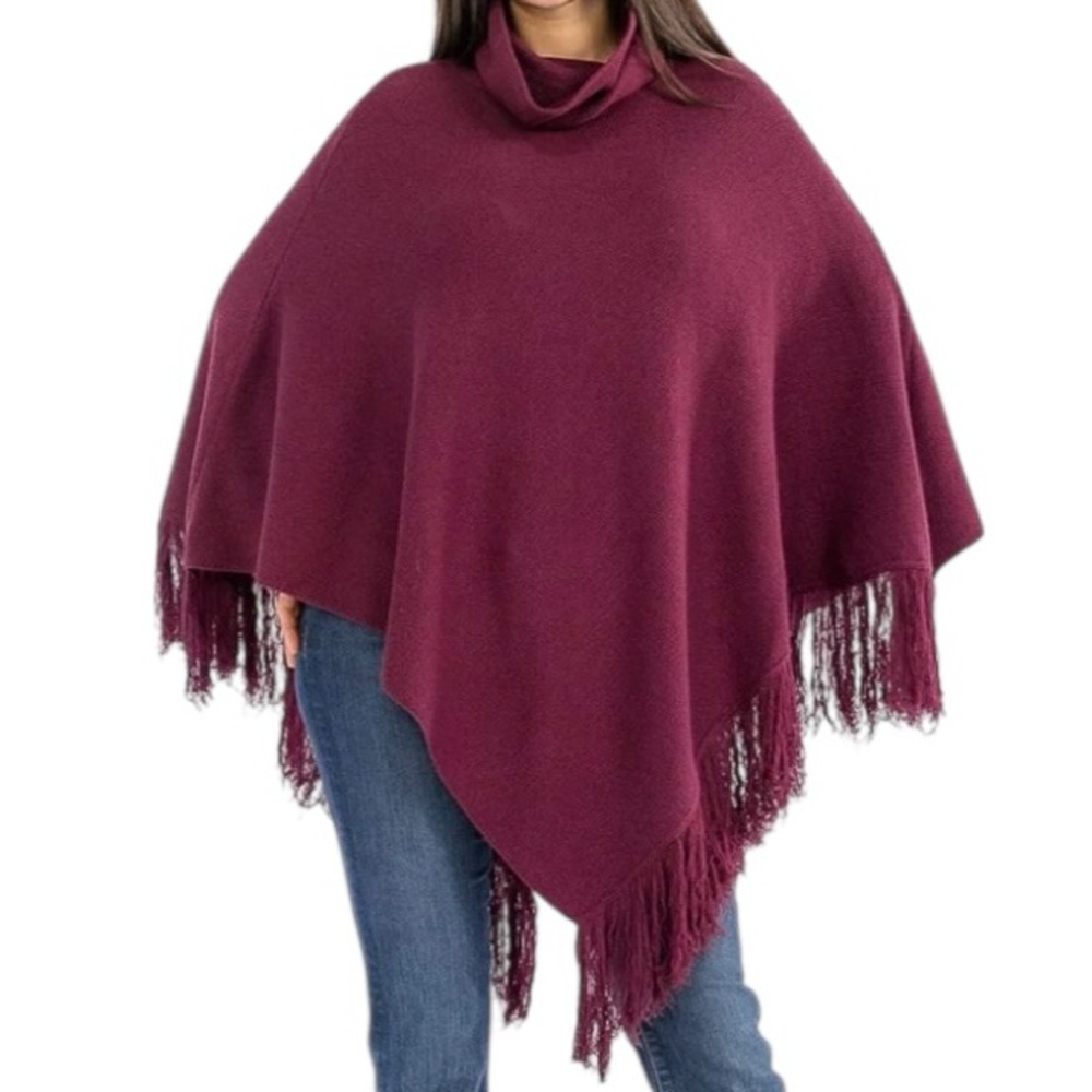 Mystree Soft Turtleneck Poncho w Asymmetric Fringe Trim in Burgundy Plum